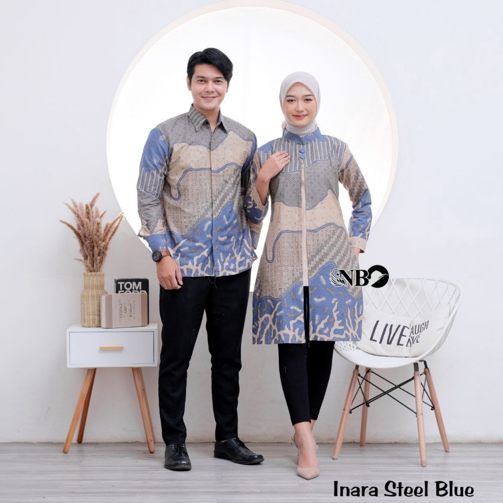 KODE O12J Baju Couple Pasangan Kekinian Kemeja Dan Dress Motif Inara Series Tunik Batik Wanita Lenga