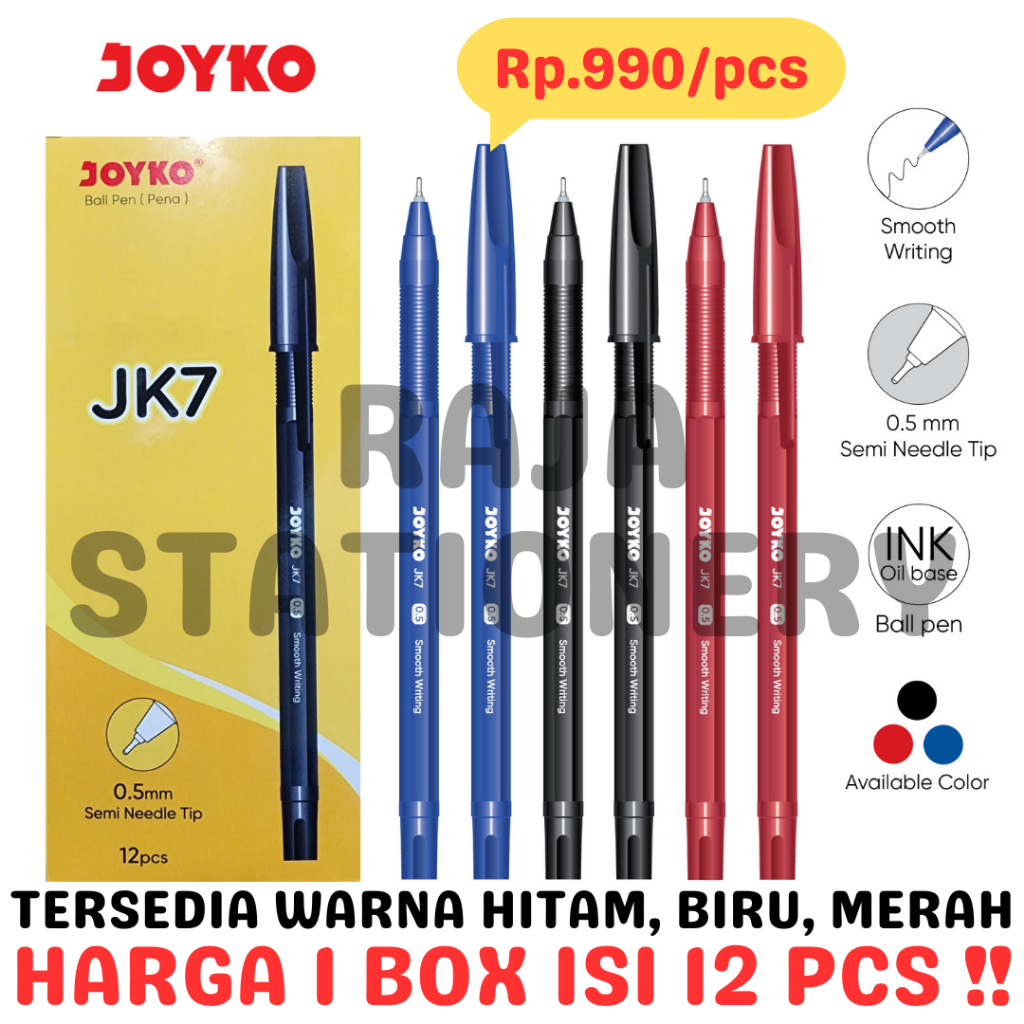 

JOYKO BALL PEN BLACK BLUE RED JK7 PENA PULPEN JOYKO JK7 HITAM BIRU MERAH JK7 LUSIN BOX [12PCS]