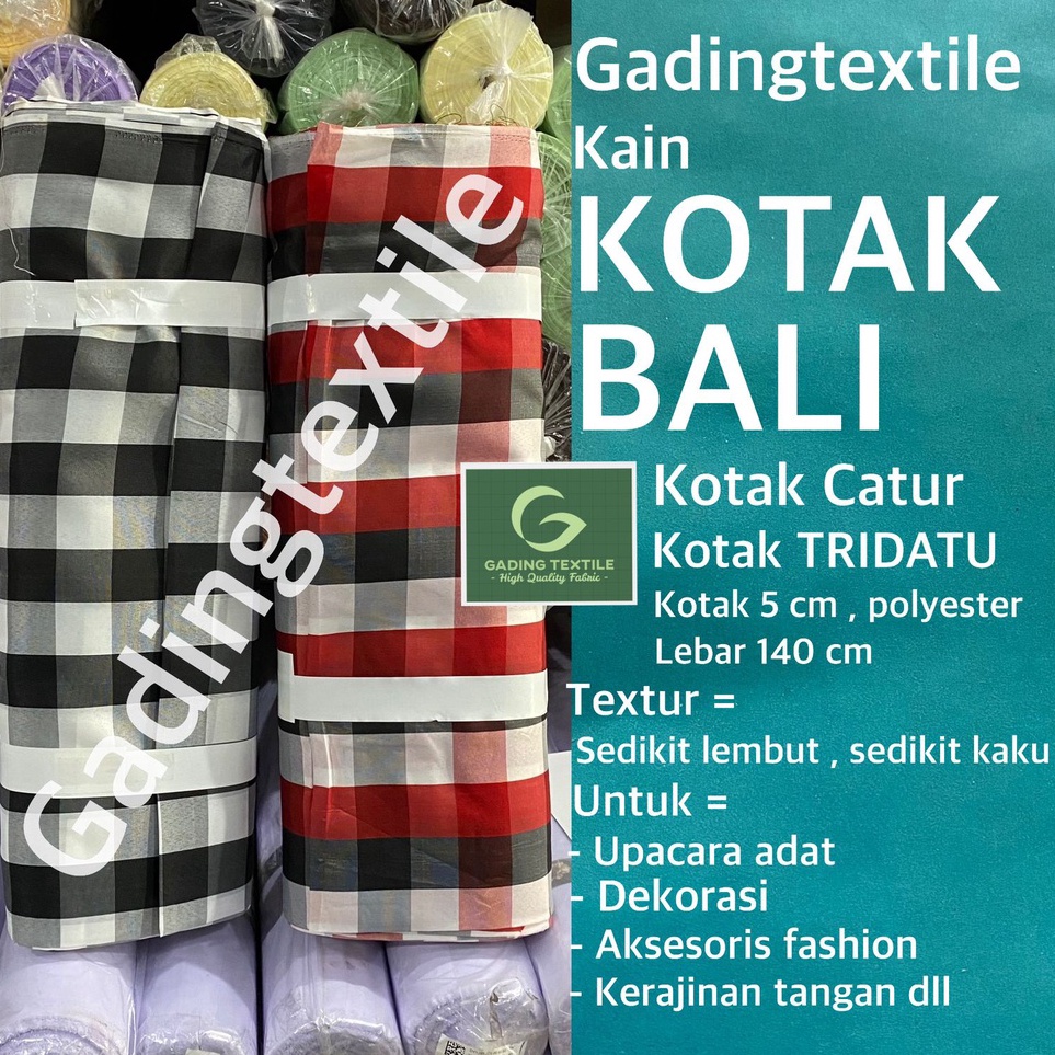 KODE X75V  per 1 roll  kain motif kotak kotak bali hitam putih merah catur tridatu polyester 5 cm le