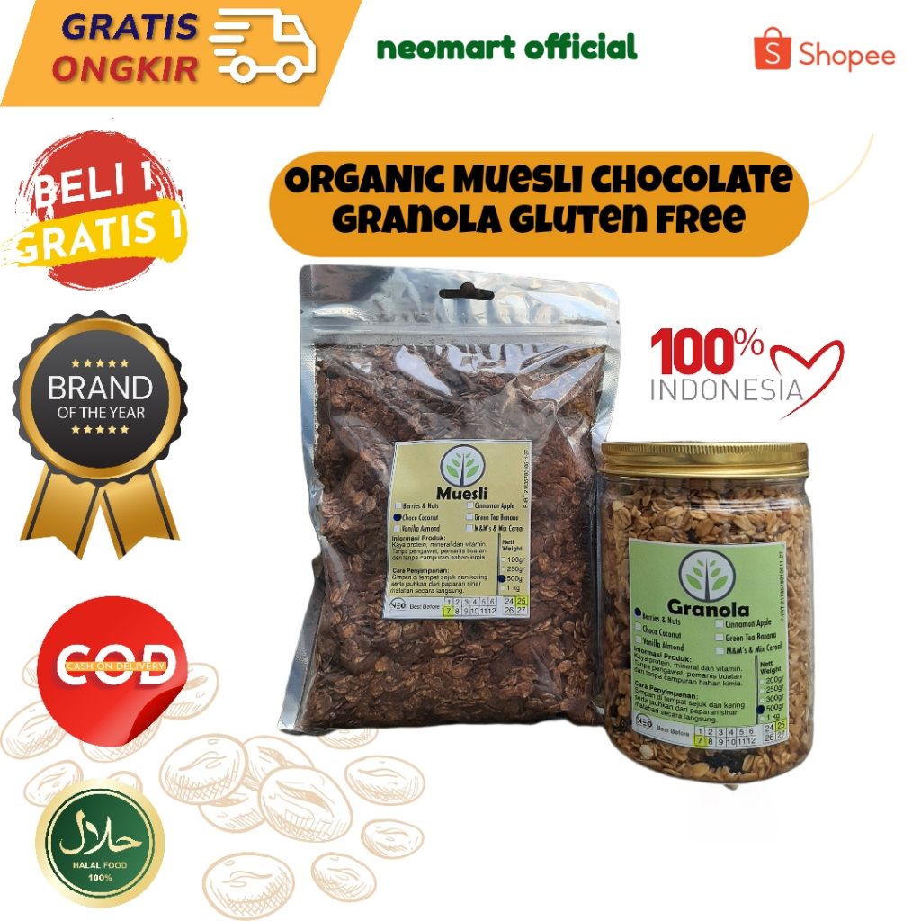 

PROMO Paket Granola Neo 500gr + Muesli Choco 500 gram. Sereal Sarapan Sehat. Oat, kismis, almond, Paket Sarapan.Paket Diet. Sarapan Sehat. Makanan Diet. Makanan rendah kalori