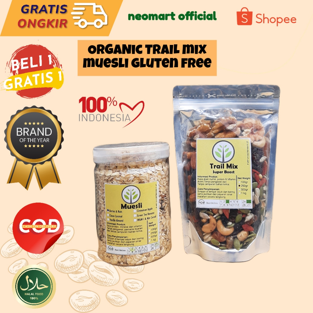 

Promo! Muesli 500gr+ Trail Mix 250gr Sereal Sarapan Sehat. Oat, kismis, almond, Paket Sarapan.Paket Diet. Sarapan Sehat. Makanan Diet. Makanan rendah kalori