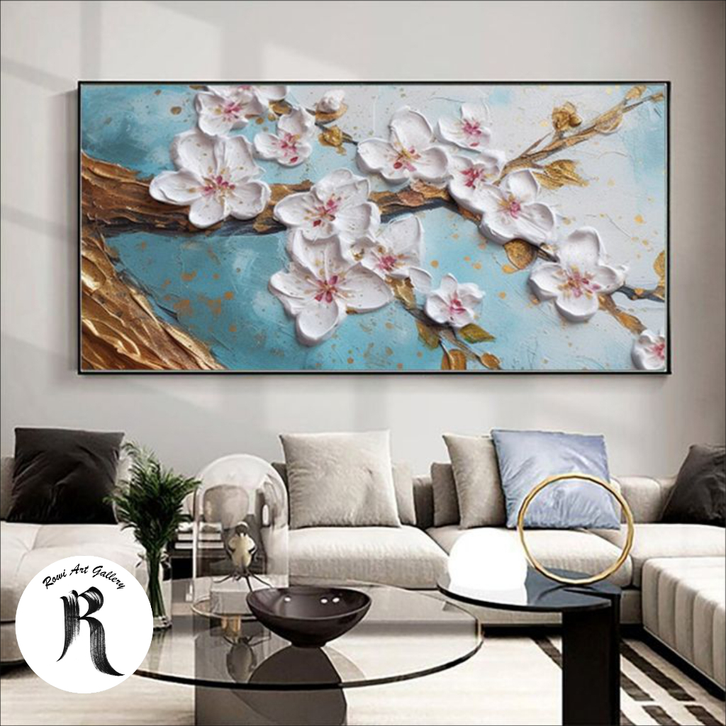 lukisan kanvas bunga timbul - lukisan bunga modern - lukisan bunga kamboja siap pajang
