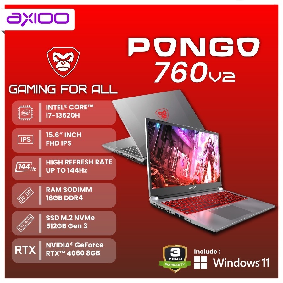 Laptop Axioo Pongo 760 V2 intel core i7 13620H ram 16GB ssd 512GB RTX 4060 15.6 144Hz Windows 11 fre