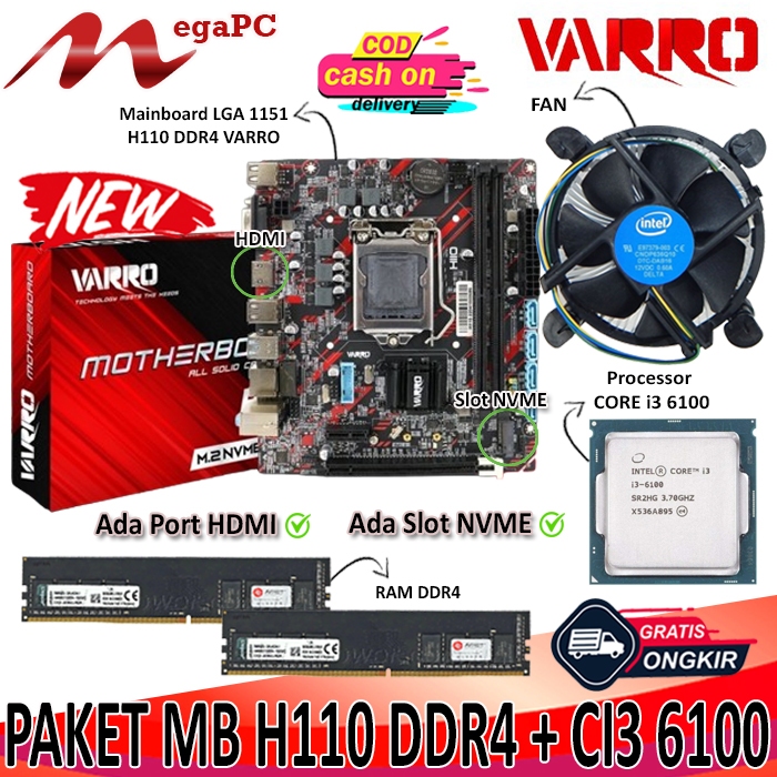 PAKET 1151 MAINBOARD H110 DDR4 + CORE I3 6100 + FAN + RAM