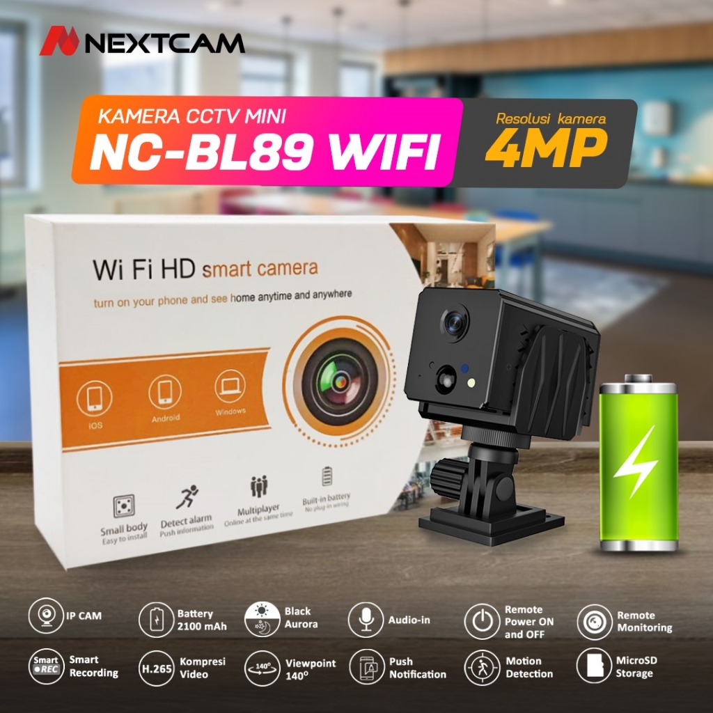 Nextcam Kamera cctv mini 4MP Wireless Wifi Baterai Tahan lama Colorful Tetap warna dalam gelap Auror