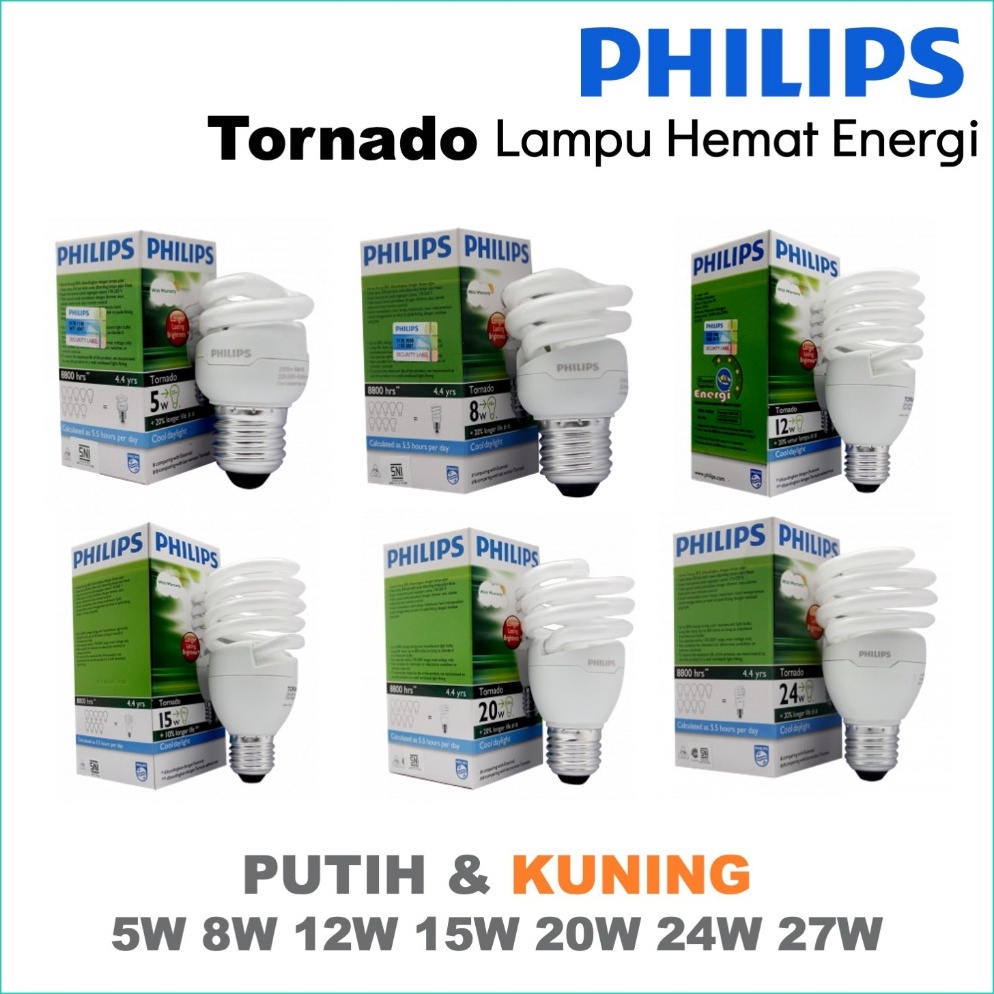 KODE Y18Q Lampu PHILIPS Tornado 5W 8W 12W 15W 2W 24W 27W Putih Kuning  Spiral Hemat Energi 5 8 12 15