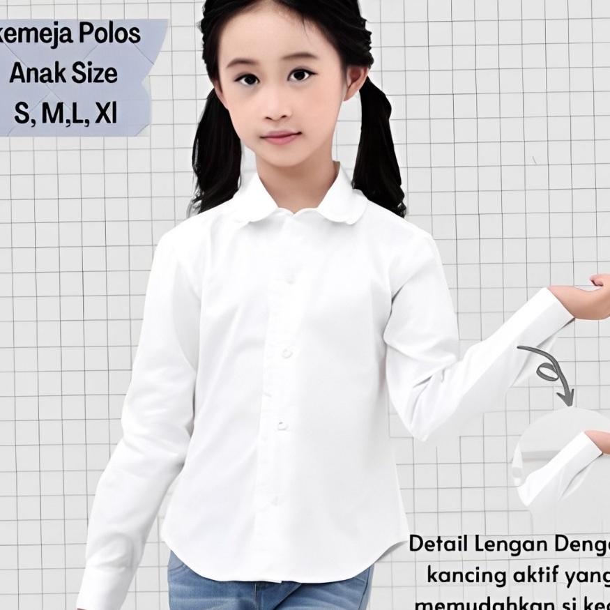 KODE C4I9 Atasan Anak Perempuan Kemeja Putih Polos Katun Usia 713 tahun  Baju Putih Lengan Panjang A