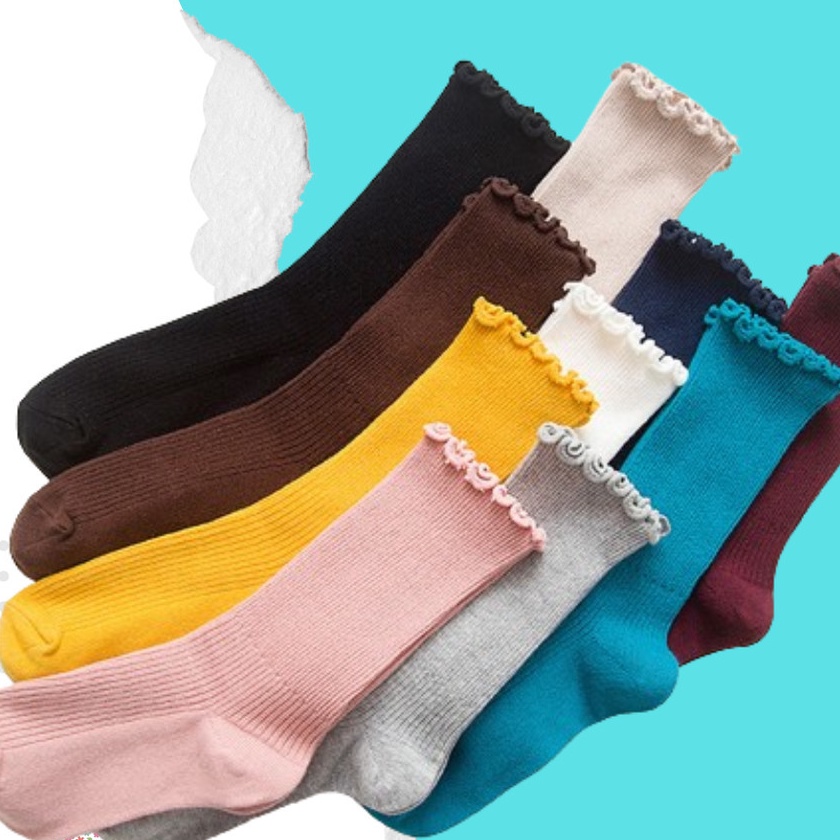 HJ6 Kaos Kaki Wanita Dewasa Panjang Sebetis Bawah Kaus Kaki Model Renda Ruffle Kerut Gaya Korea