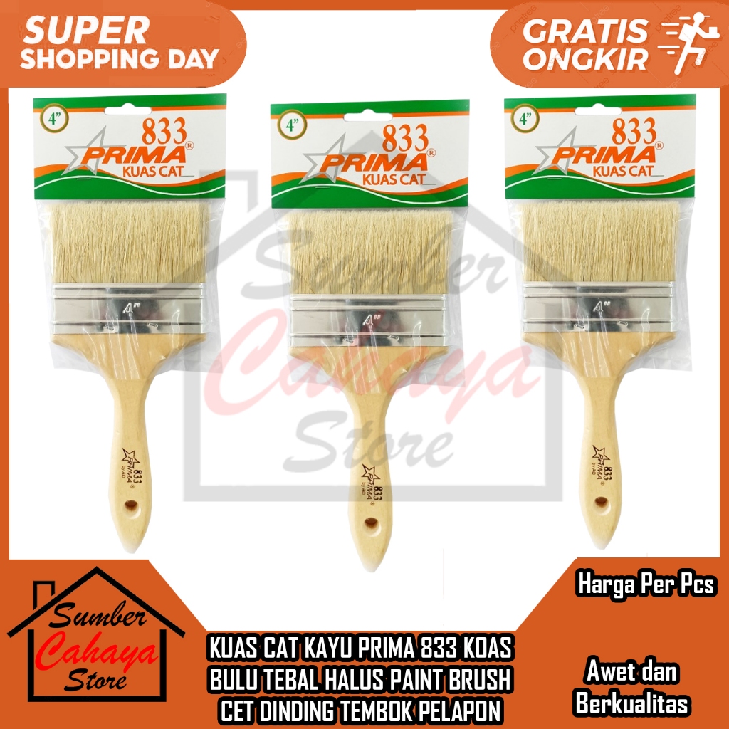 Kuas Cat Kayu Prima 833 Sikat Ukuran 1” 1 ½ “ 2’’ 2 ½” 3” 4” 5” In Inchi Inci Inch Koas Bulu Tebal H