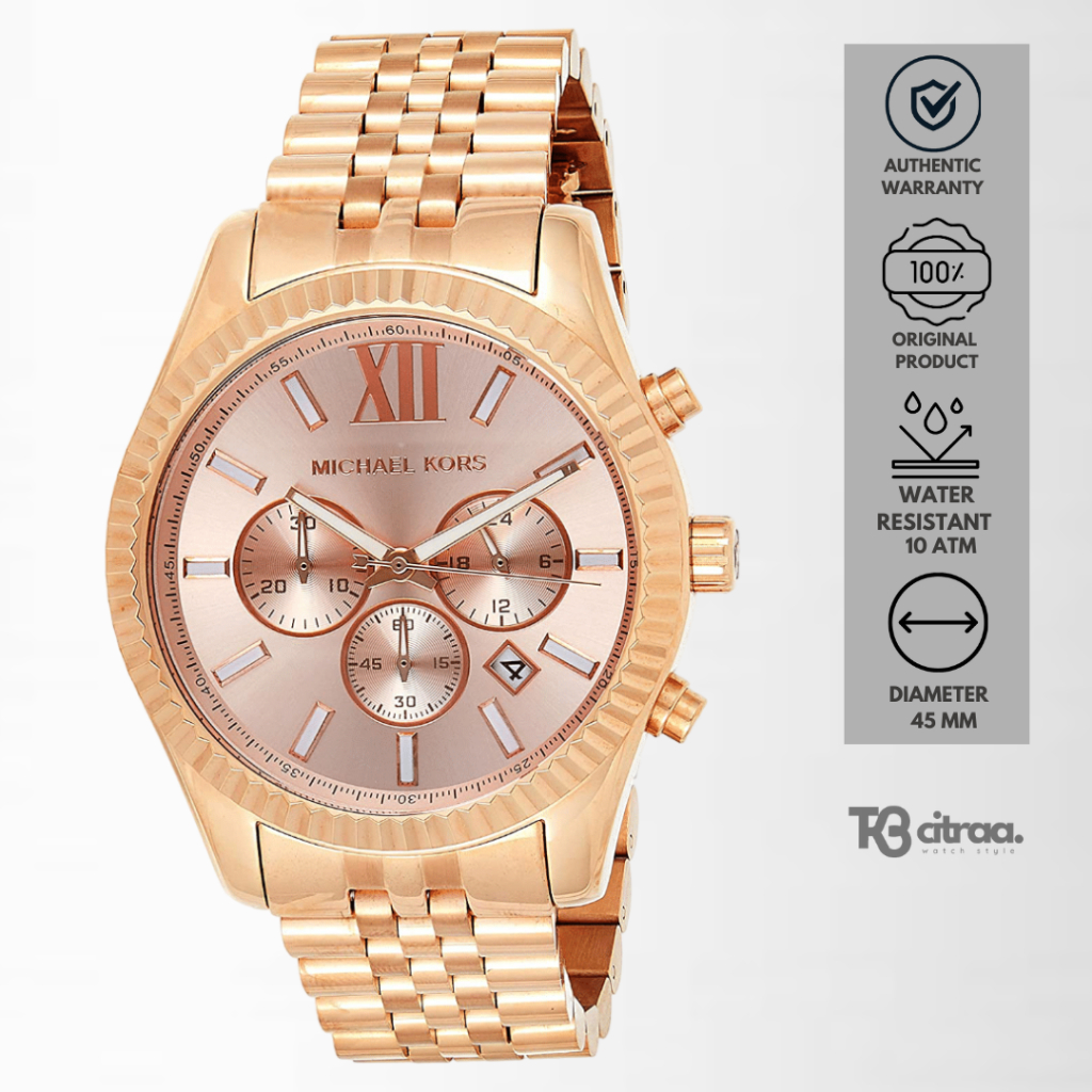 Jam Tangan fashion Pria Michael Kors analog strap rantai Lexington cbhronograph Rose Gold stainless 