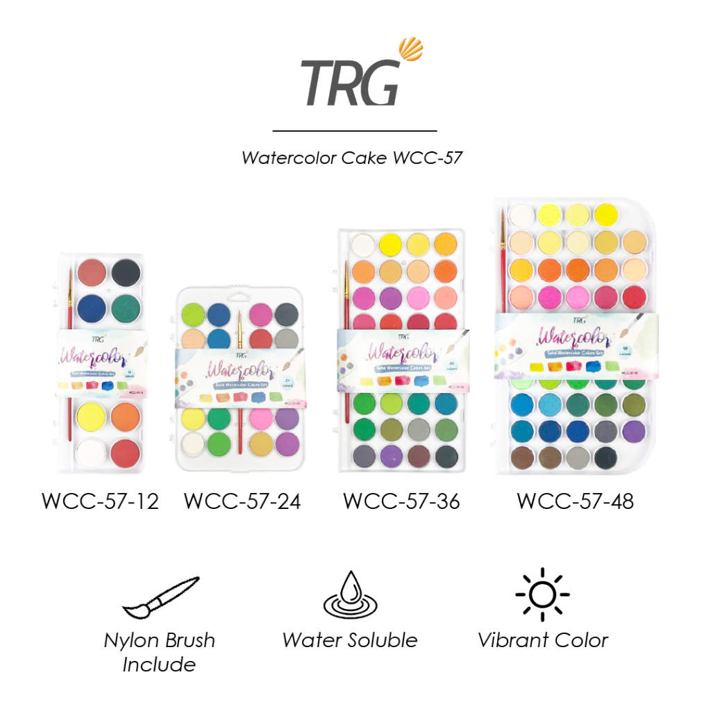 

TRG Watercolor Cake Set WCC-57 12 24 36 48 Warna - Solid Water Color Cakes Cat Air Watercolour TRG