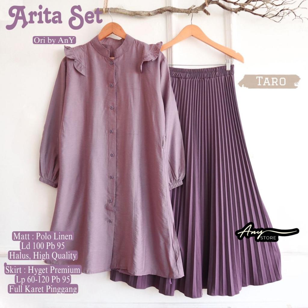 ARITA SET TUNIK BY ANY SETELAN BAJU MUSLIM WANITA TUNIK POLOS DAN ROK PLISKET SETROK PLISKET  DAN TU