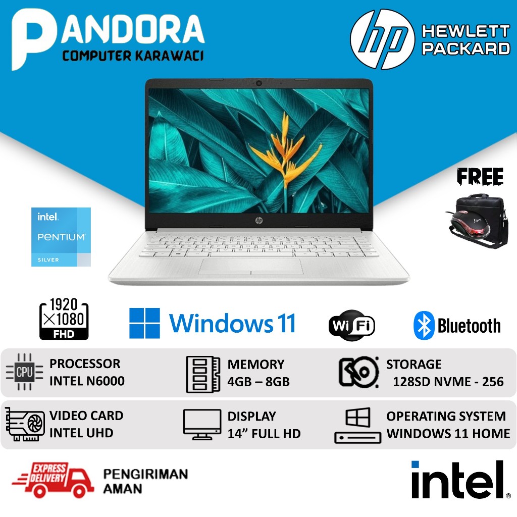 LAPTOP HP 14 INTEL PENTIUM SILVER N6000 RAM 8GB SSD 256GB 14 FHD IPS