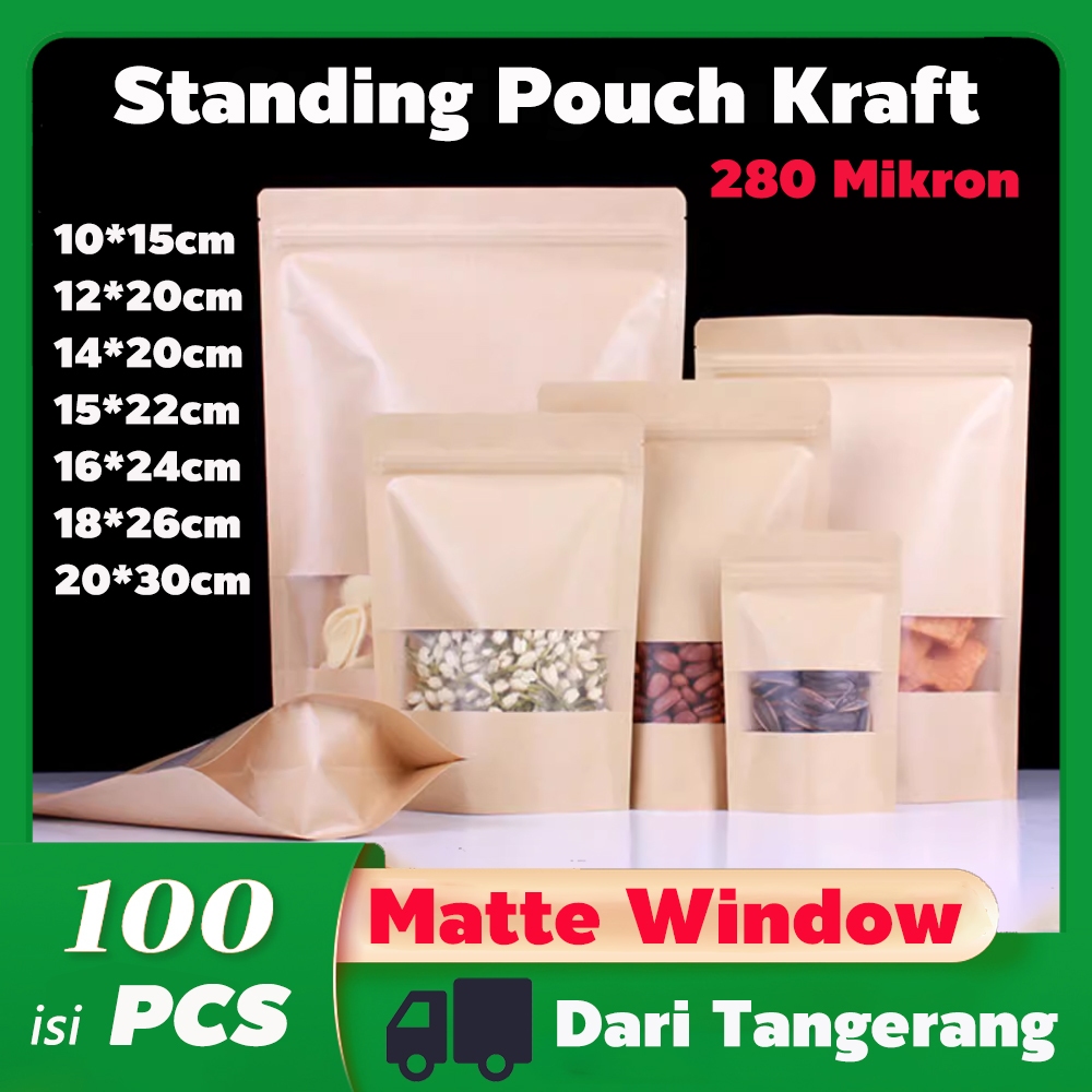 100PCS Paper Ziplcok Food Packing STANDING POUCH KRAFT WINDOW Plastik Klip Makanan Kemasan Snack Zip