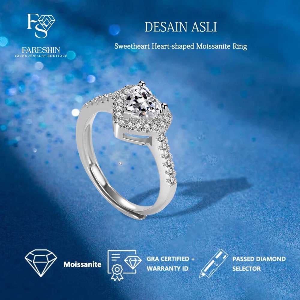 cincin wanita moissanite asli Sweetheart Silver 925 White Gold 18K-Fareshin Jewellery