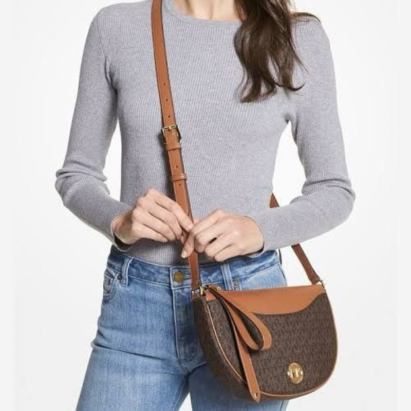 Original Michael Kors MK Dover Medium Half Moon Convertible Crossbody Bag in Coated Canvas