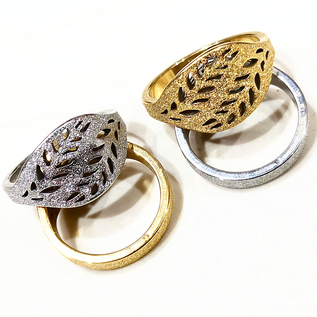 Cincin Anti Karat Selamanya Model Daun Glitter Pasir Couple Titanium Stainless Steel Fashion Para Pr
