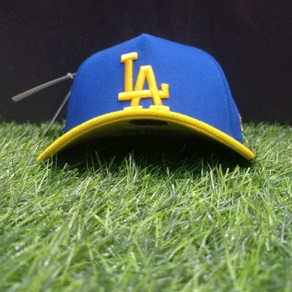 Topi Premium/ LA Kuning Bahan Biru Visor Kuning/Bordir Pinggir/Pria wanita/Topi Basebal/MLB/