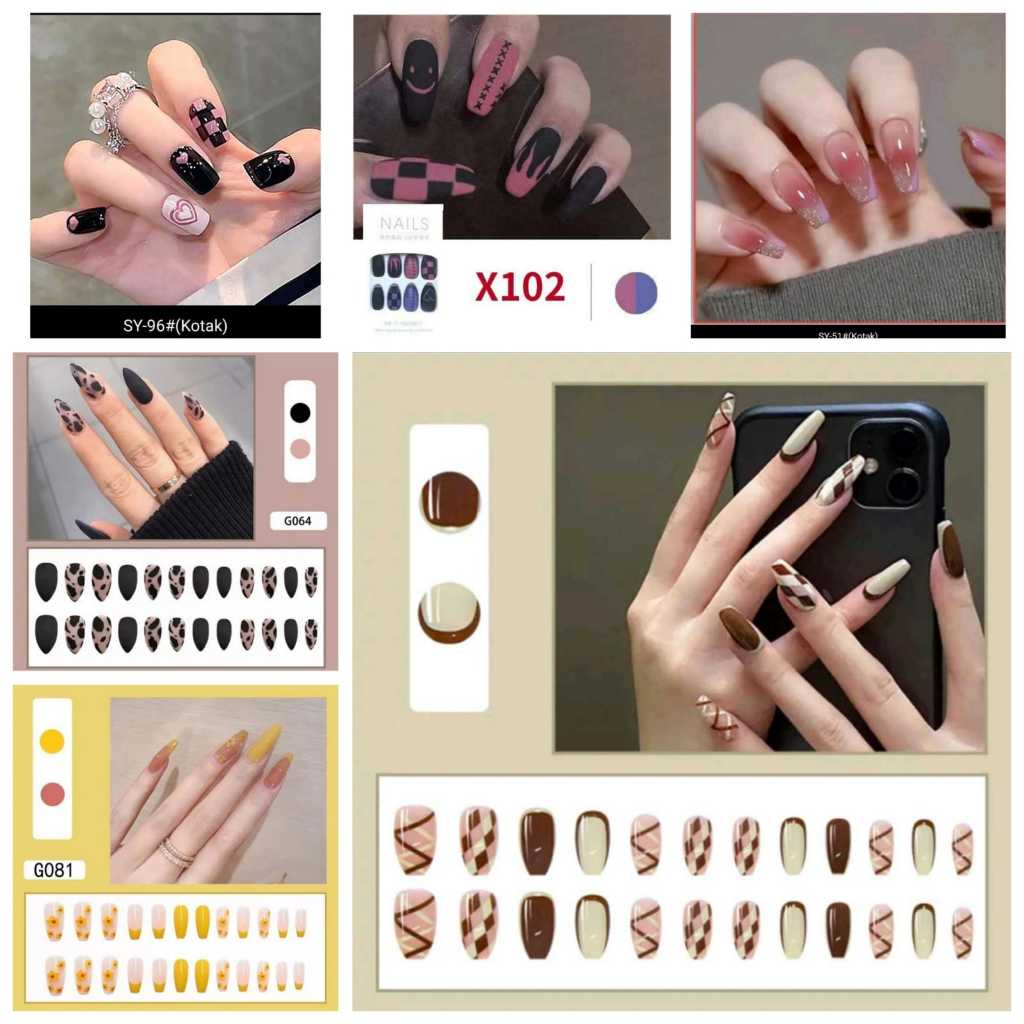 WSW - 24pcs kuku palsu pendek jepit kuku set lem kuku palsu kuat nails kuku palsu pendek