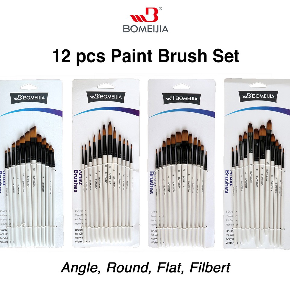 

BOMEIJIA Artist Short Handle Brush Round Filbert Angle Flat 12pcs l I4Z9