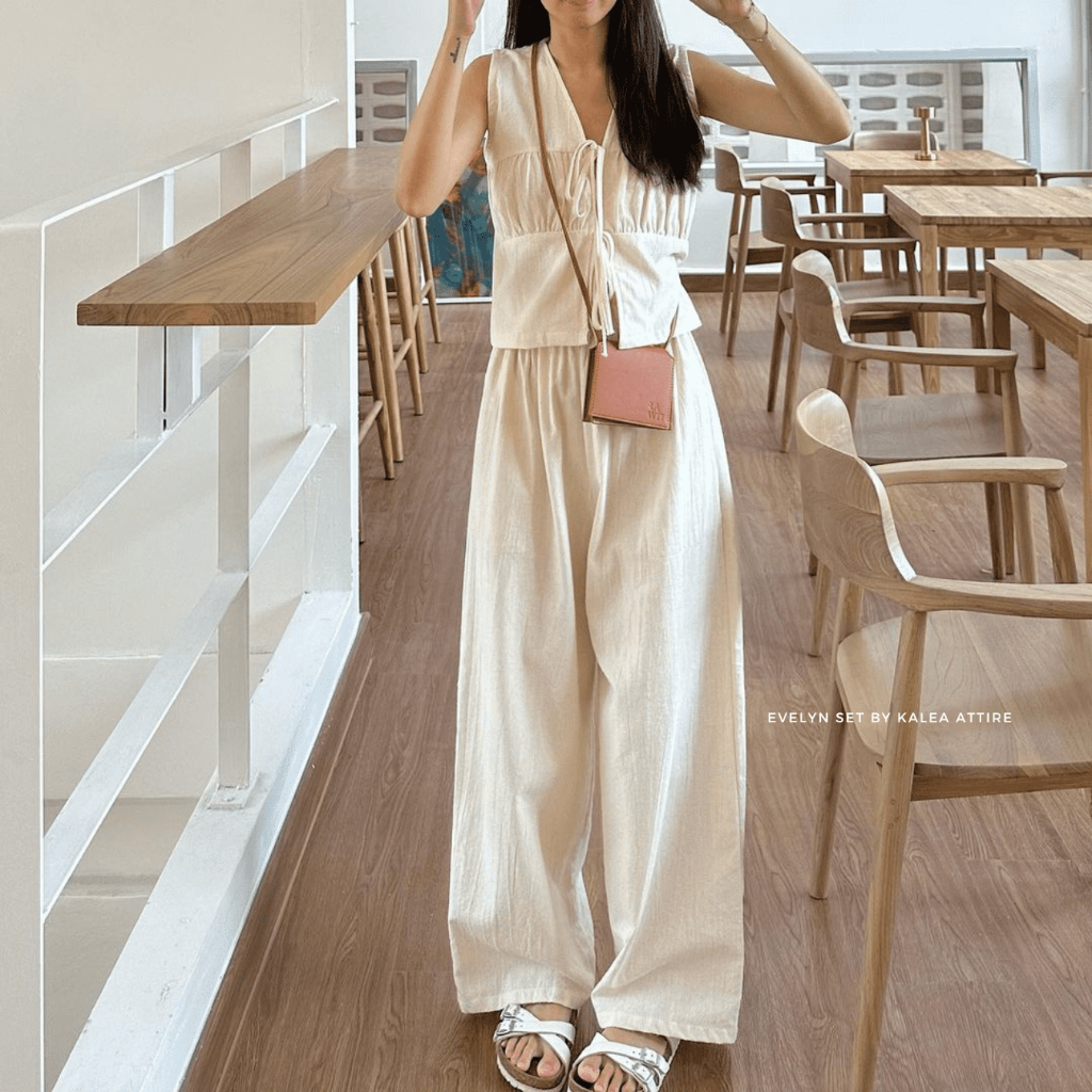 Setelan Wanita Linen Atasan Rompi Tali dan Celana Highwaist | Outfit Pantai Basic ala Korea
