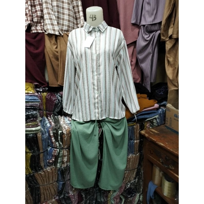 Setelan Wanita Salur Cringkel/Setelan Kemeja Salur