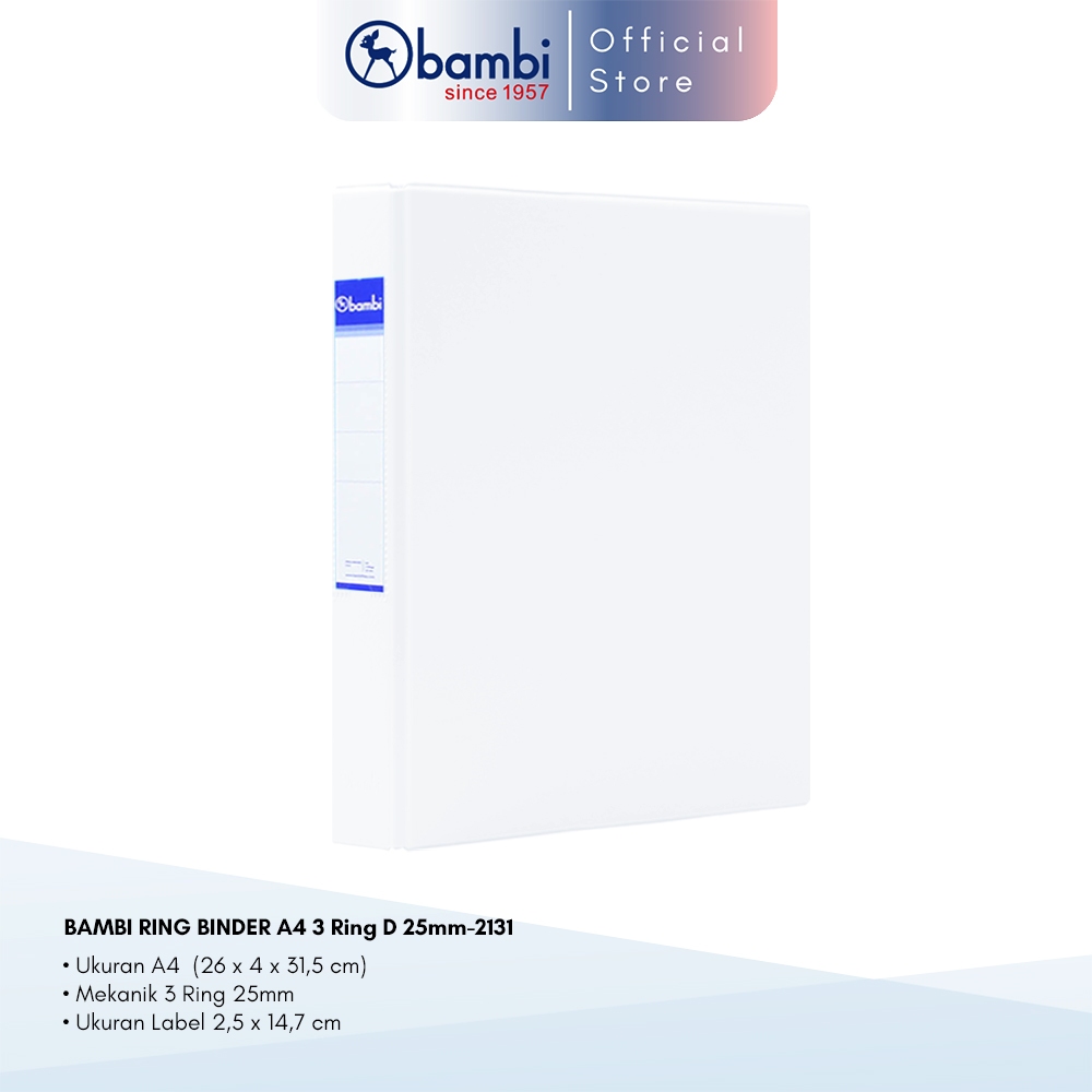 

Bambi Ring Binder A4 3 Ring D-Type White MID SIZE 25 mm