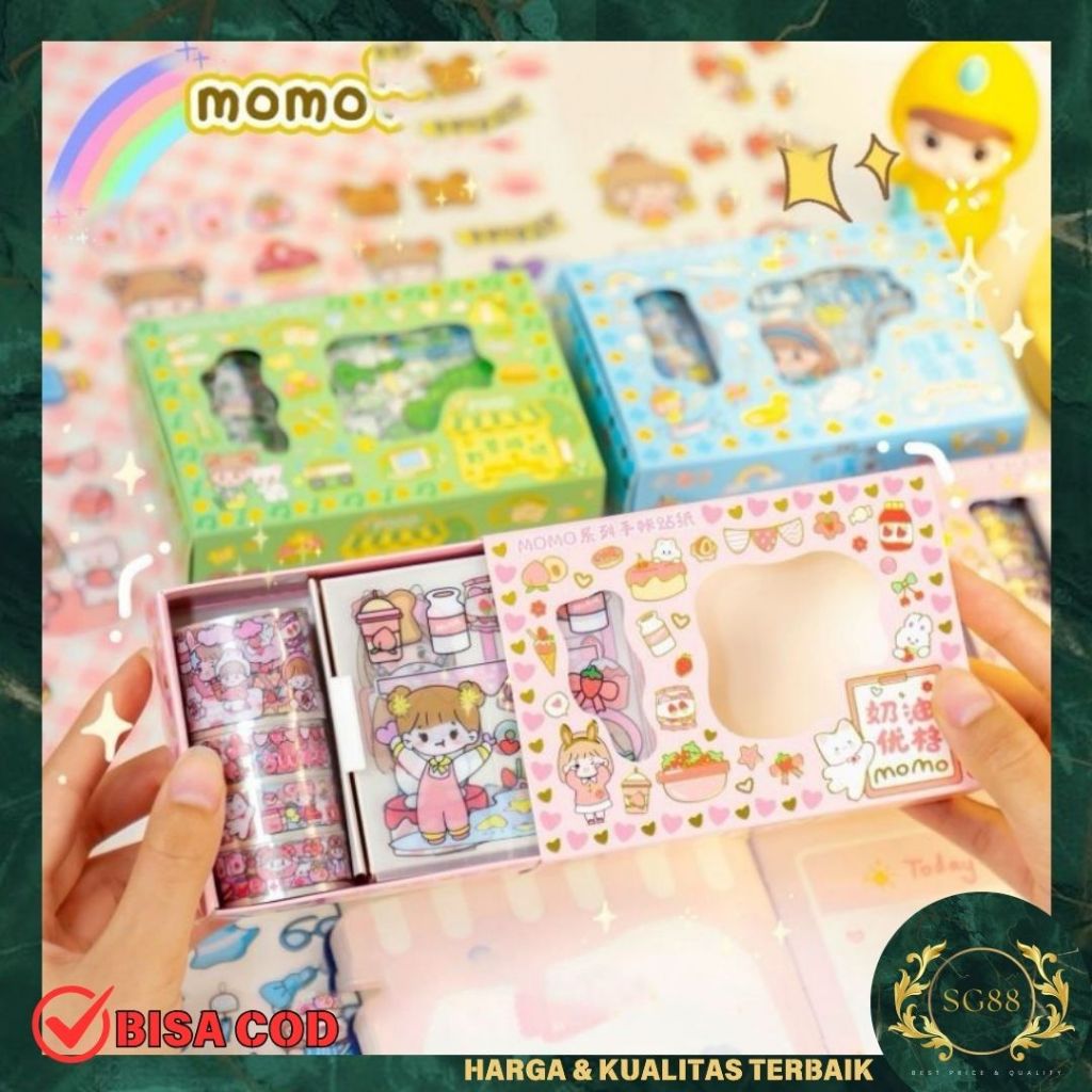 

Sticker Momo Set isi 10 lembar + 4 roll Stiker Waterproof Motif Kartun Korea Sticker Momo Set Box Anti Air