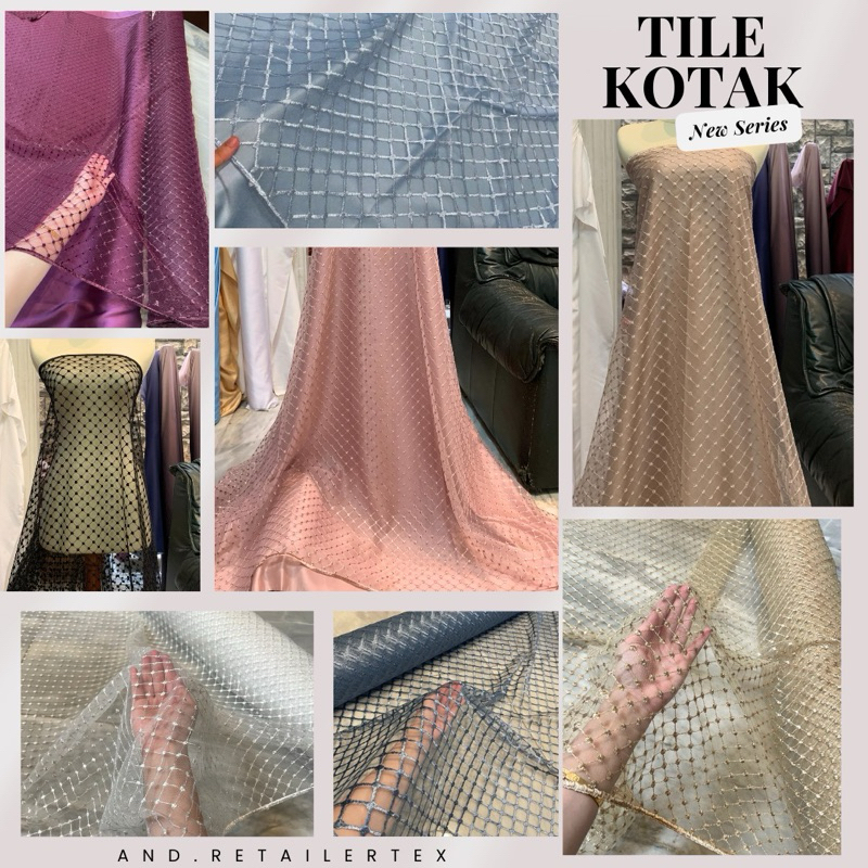Bahan Kain Brukat Tile Kotak Tulle Mesh Warna Blue Denim Biru Denim