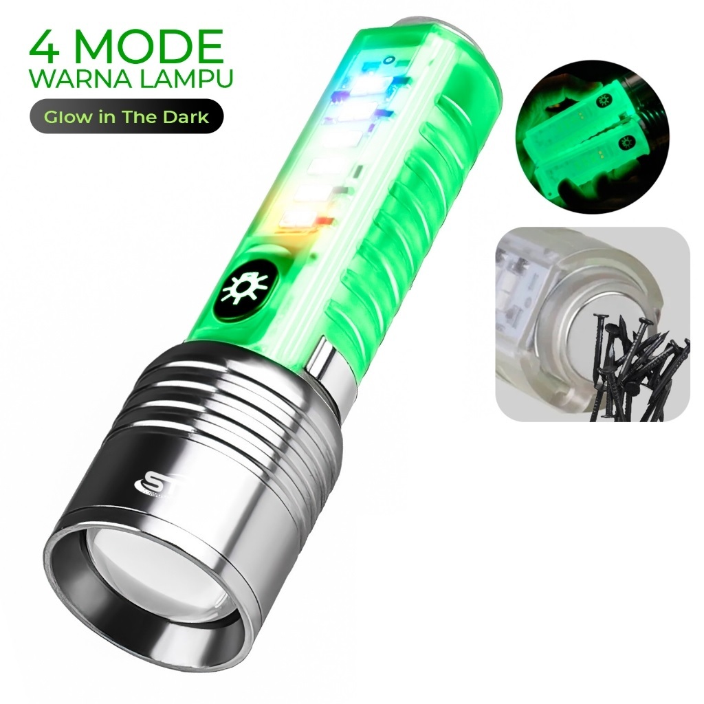 Senter Transparan Magnet Zoom in out Cas 8 Mode Warna 30W Waterproof Flashlight 520A 520 Series - KJ