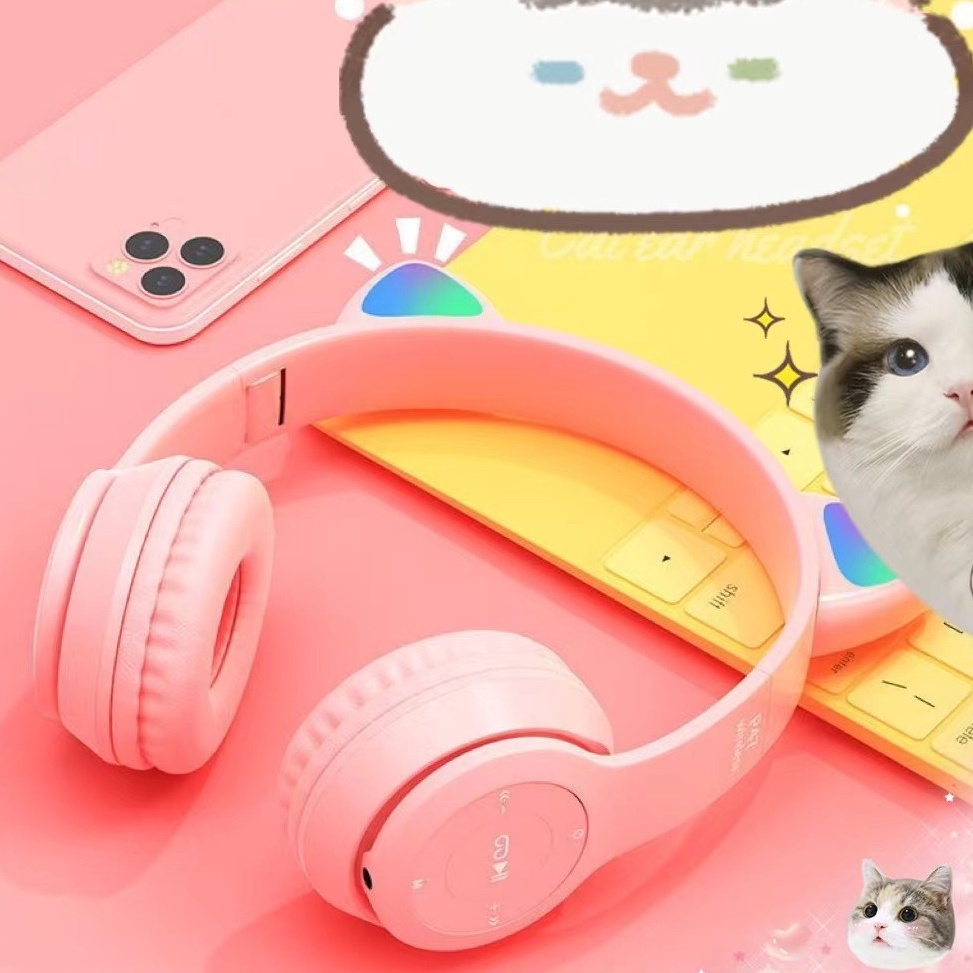 KODE H79J Headset Headphone bluetooth gaming kucing android bass LED Light with Mic Free kabel 2 pcs