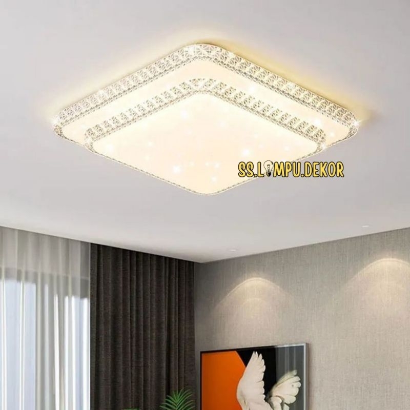 LAMPU PLAFON MINIMALIS LED KOTAK KRISTAL PUTIH MODERN NYALA 3 WARNA