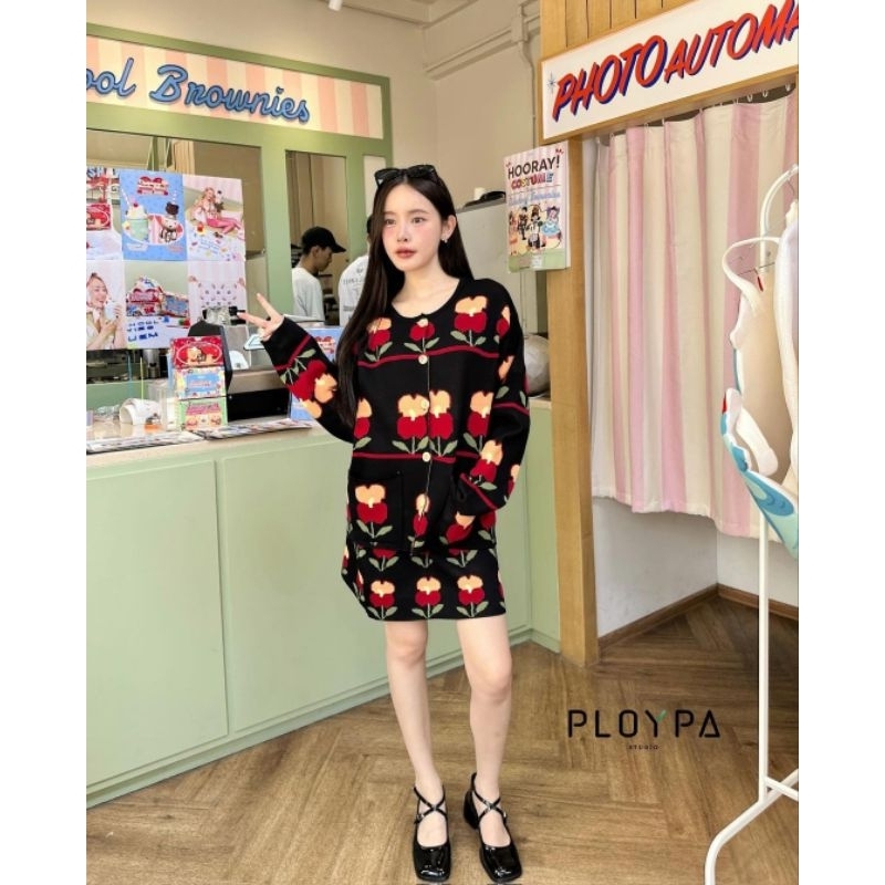 PLOYPA STUDIO BKK Bright Flowers Set Black New Setelan Ready