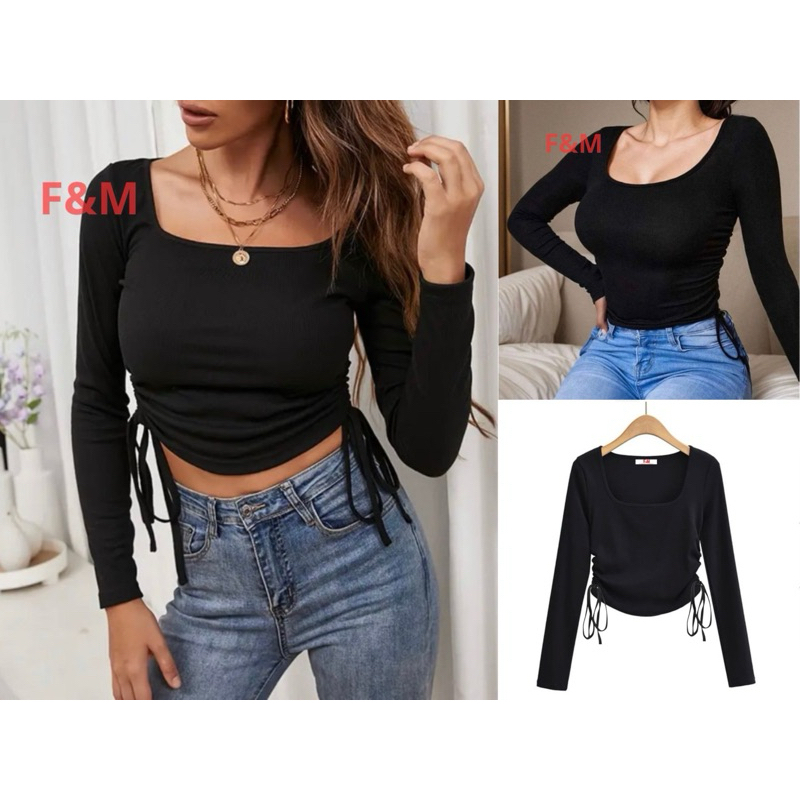 NEW CROPTOP CROPTEE BAJU CROP WANITA SERUT SAMPING LENGAN PANJANG KERAH KOTAK (KET.253) FASHION KORE