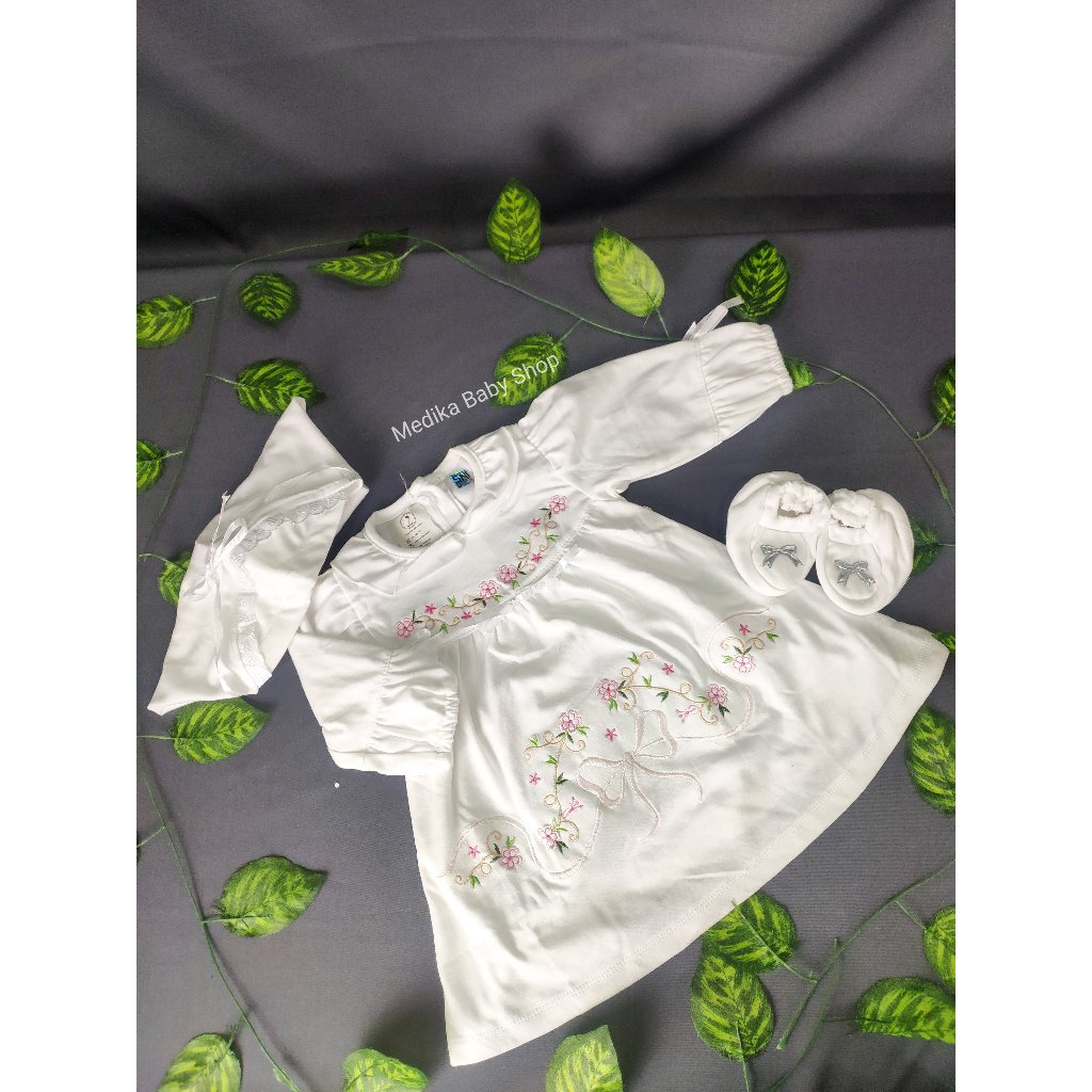 Dress Baby Muslim Putih Bordir Set/Baju Muslim Baby Bordir Set