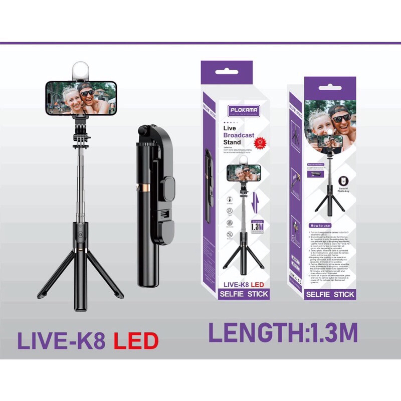 Tongsis bluetooth K8 1.3M tripod remote LED tongsis wireless 130cm