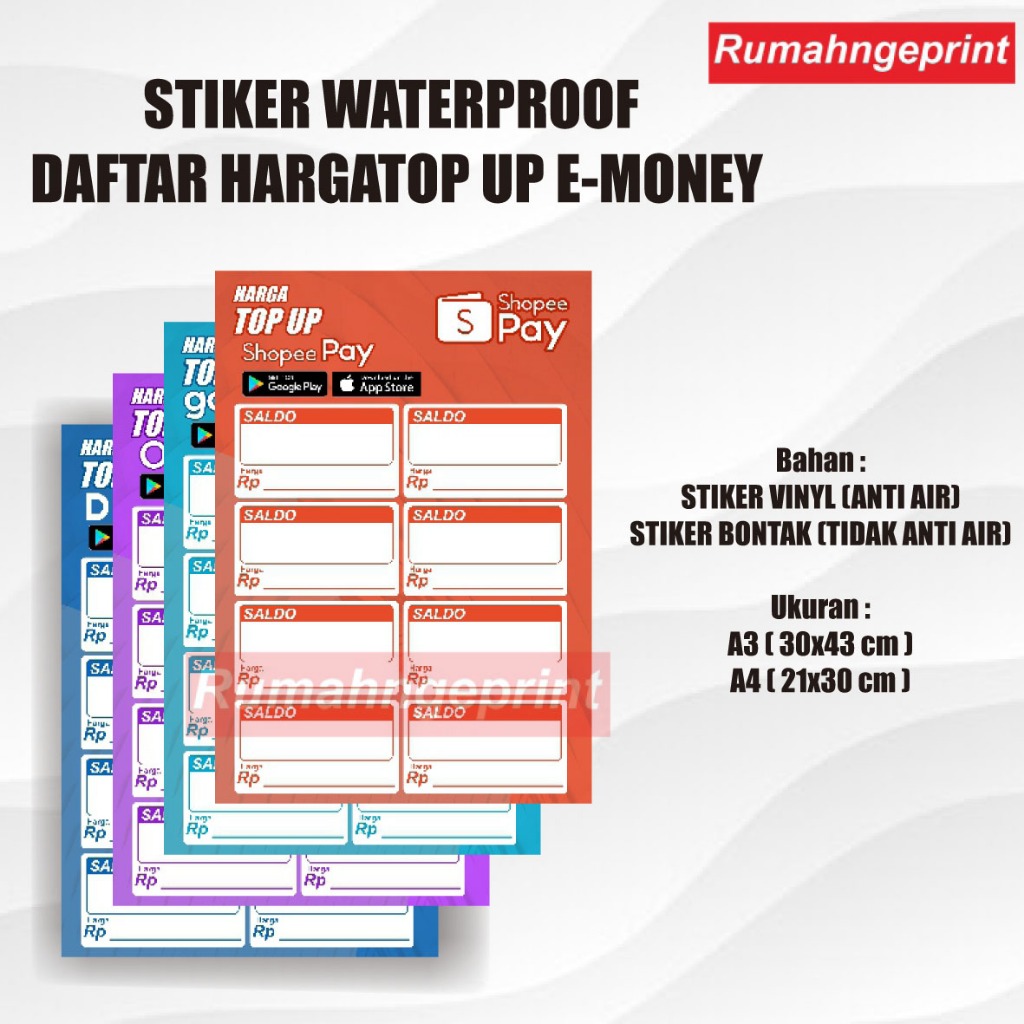 

STIKER WATERPROOF HARGA TOP UP SALDO E-MONEY KONTER PULSA