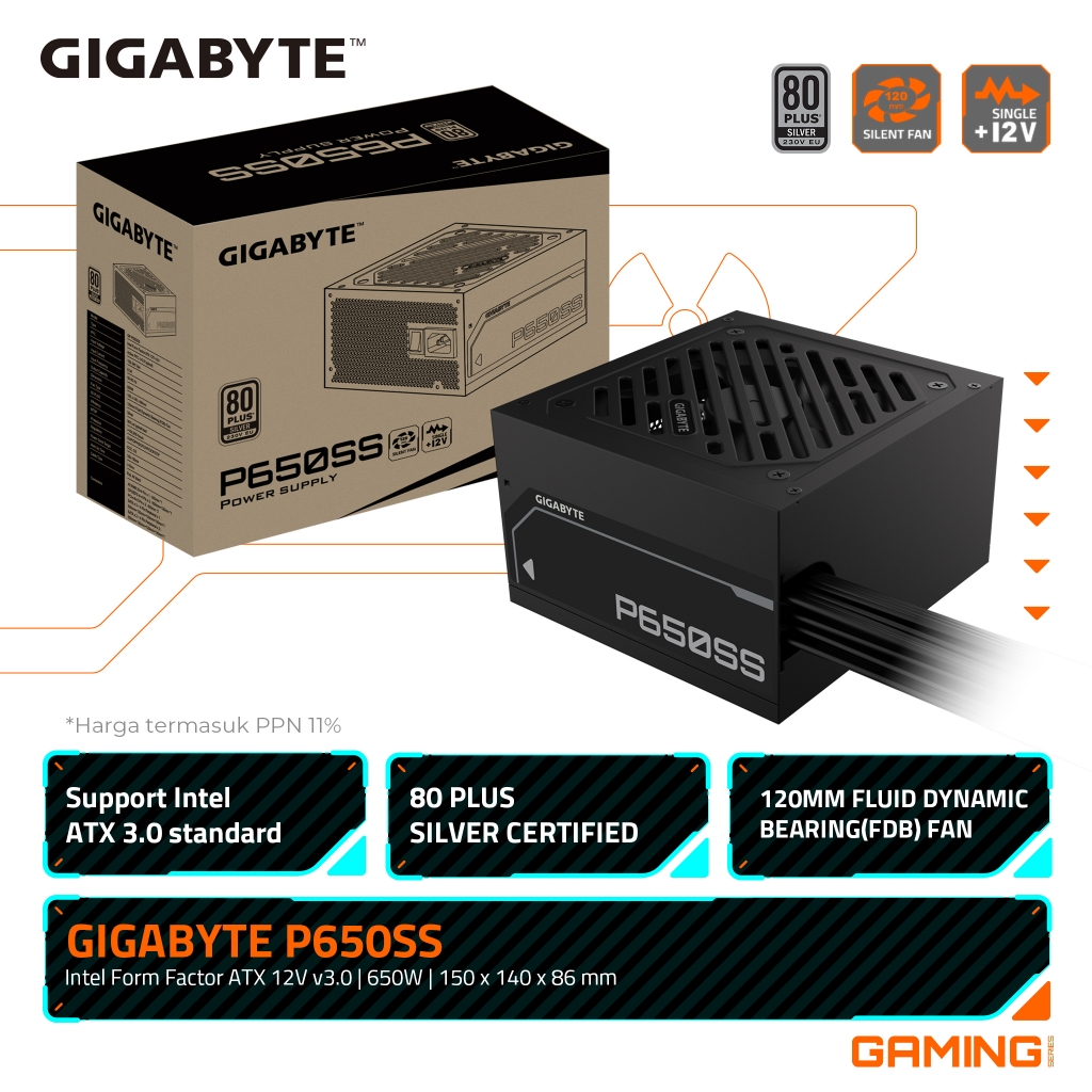 Gigabyte P650SS 650W 80+ Silver ATX 3.0 Power Supply Hitam