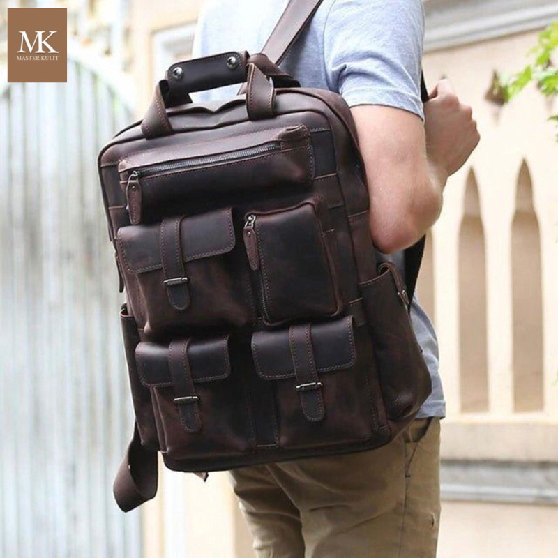 Vintage Crazy Horse Leather Backpack For 17 Inch Laptop