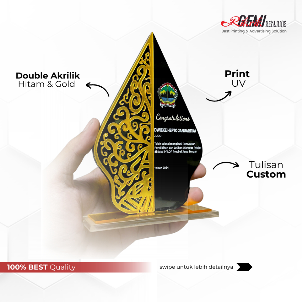 RikrikGemi - Plakat Akrilik Custom Gold Premium, Piagam, Plakat Penghargaan, Trophy + Box (1 Hari Ja