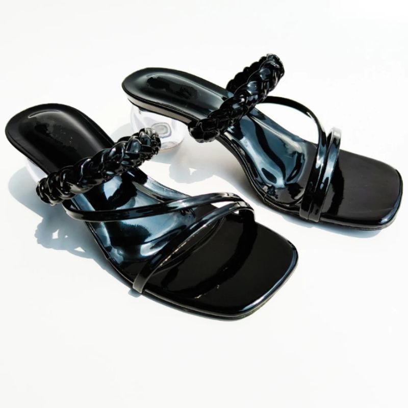 Sandal heels wanita hak kaca bulat 4cm tali kepang