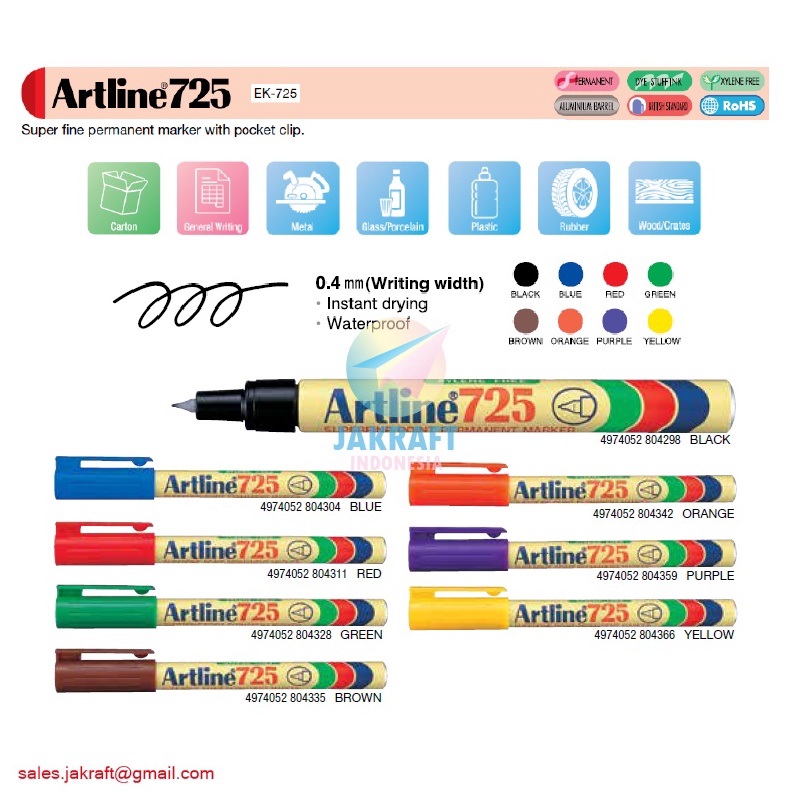 

DASYAT 1 Pcs Spidol Permanen ARTLINE Permanent Marker EK725 Anti Air 4 mm Warna Lengkap