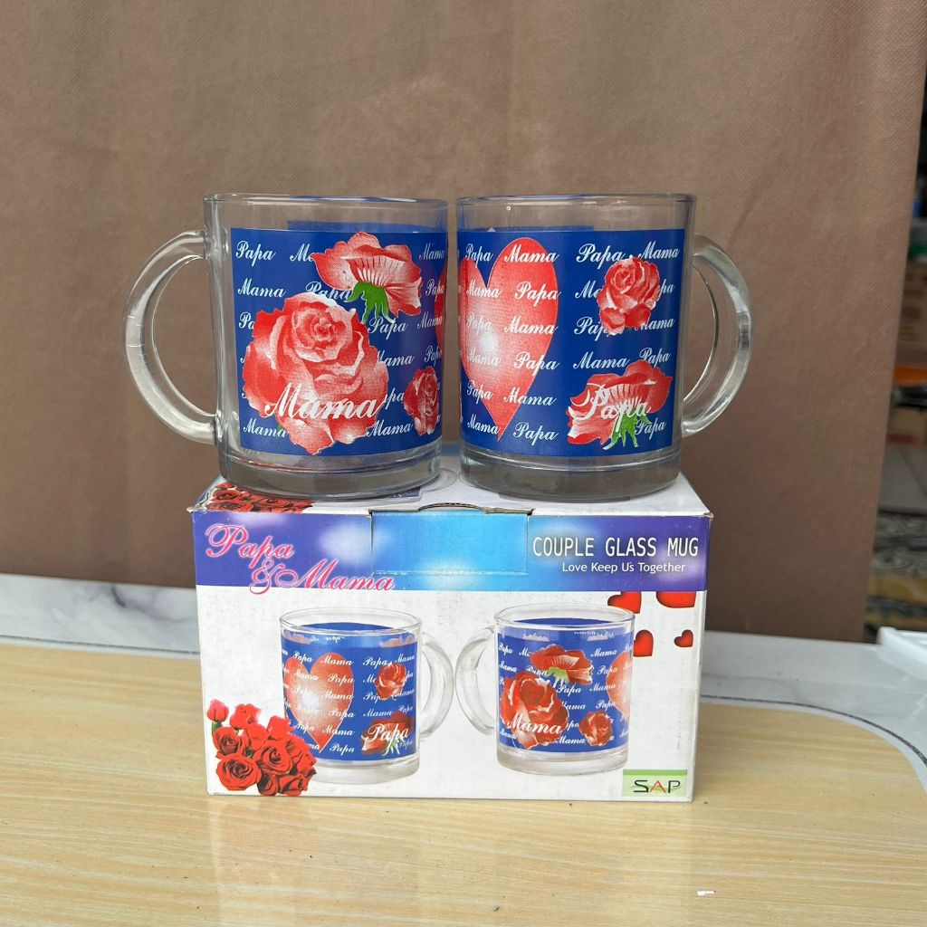Gelas Couple Kado Pernikahan / Gelas Kaca Mama Papa / Gelas Gagang / Mug Couples Set Isi 2Pcs / Gela