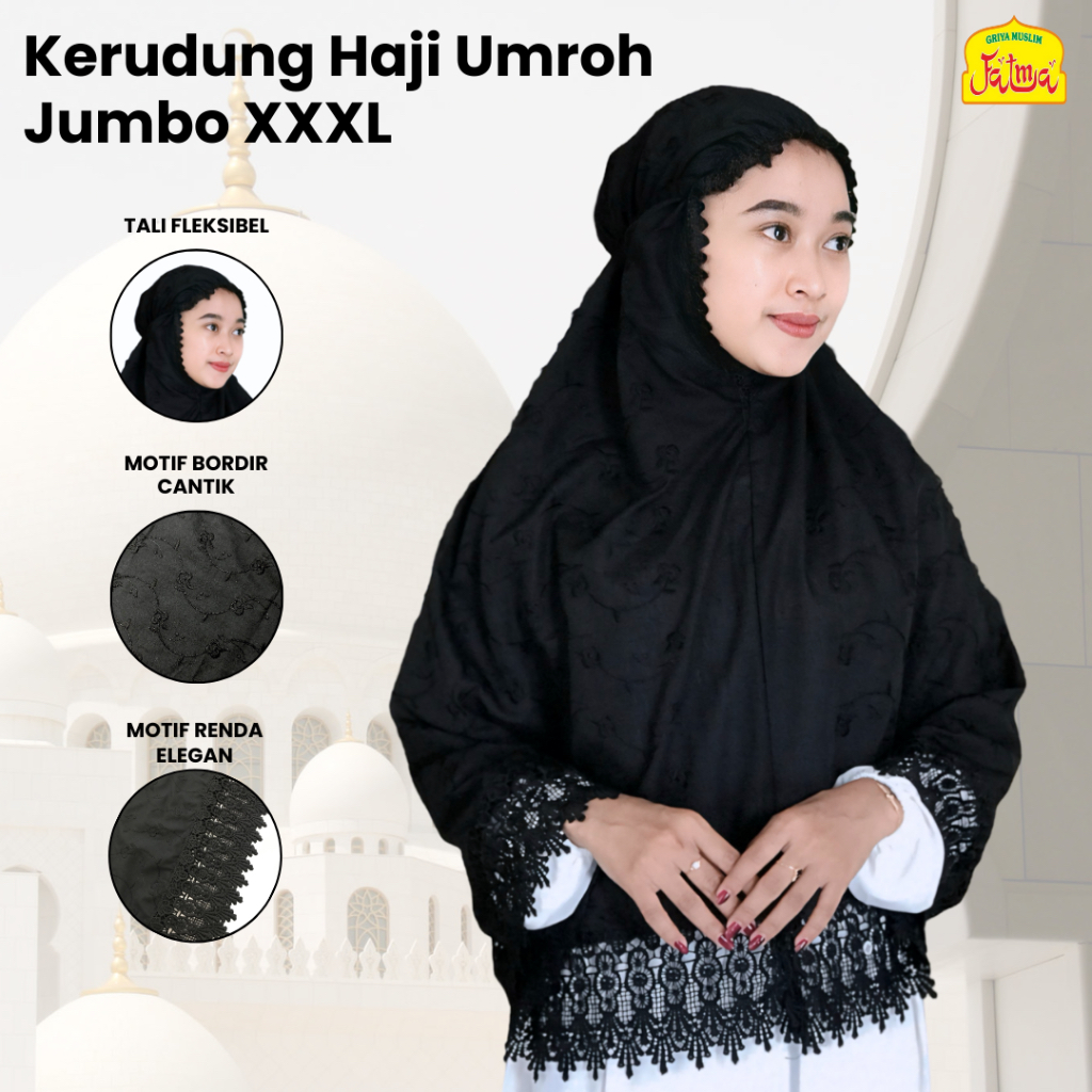 Jilbab Bergo Jumbo  Hitam XXXL Haji dan Umroh Motif Bunga by Griya Muslim Fatma