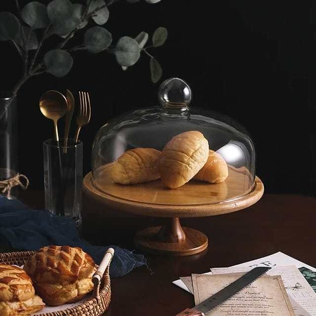 Wood Cake stand Display with glass cover Tempat kue dengan tutup kaca extra besar