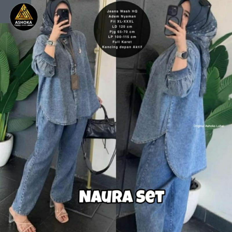 Naura One Set Setelan Celana Tunik Polos Jeans Snow Ld 120 Jumbo Fit XXL Busui Kancing Aktif By Asho