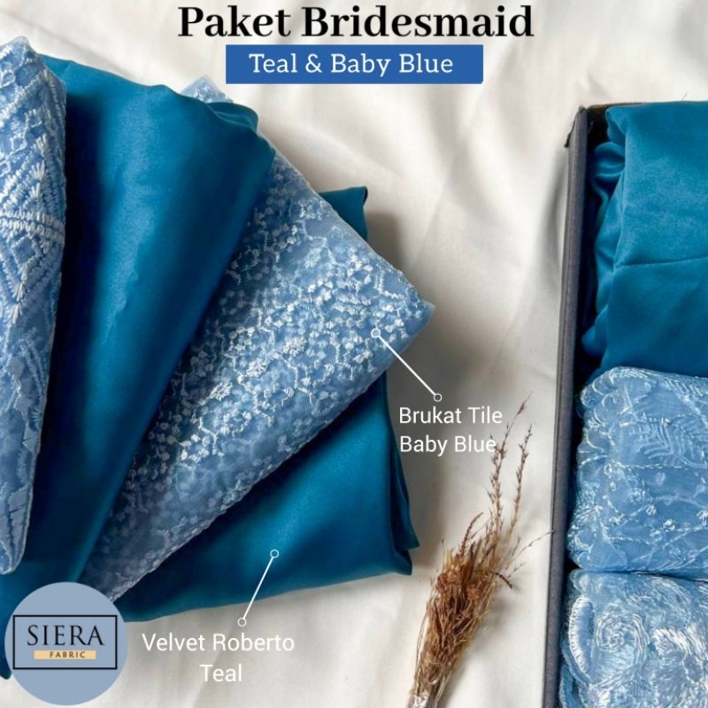 Paket Lengkap Kain Bridesmaid / Kain Satin Velvet Premium Teal + Brukat Tile Baby Blue