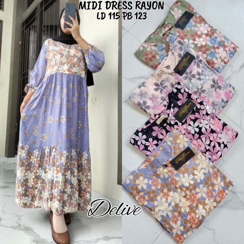 Midi Dress Rayon//Midi Dress Rayon motif bunga//Midi Dress Rayon lengan balon