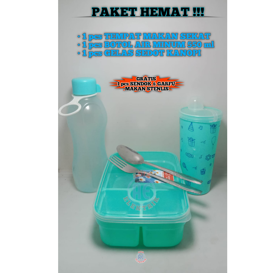 Paket Hemat Tempat Makan Sekat / Kotak Makan / Lunch Box 3 Sekat + Botol Minum Anak 550ml + Botol Pl