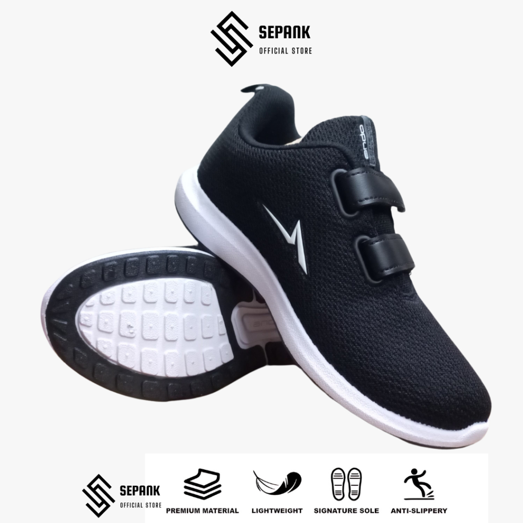 Sepatu Sekolah Anak Perempuan Laki Laki Ando Zora Hitam Putih PAUD TK SD Perekat Ringan Sepank Offic